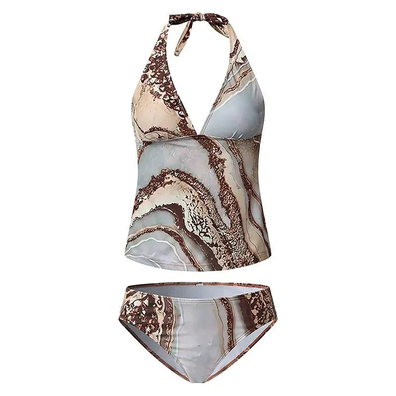 Brown women's split bikini swimsuit on display