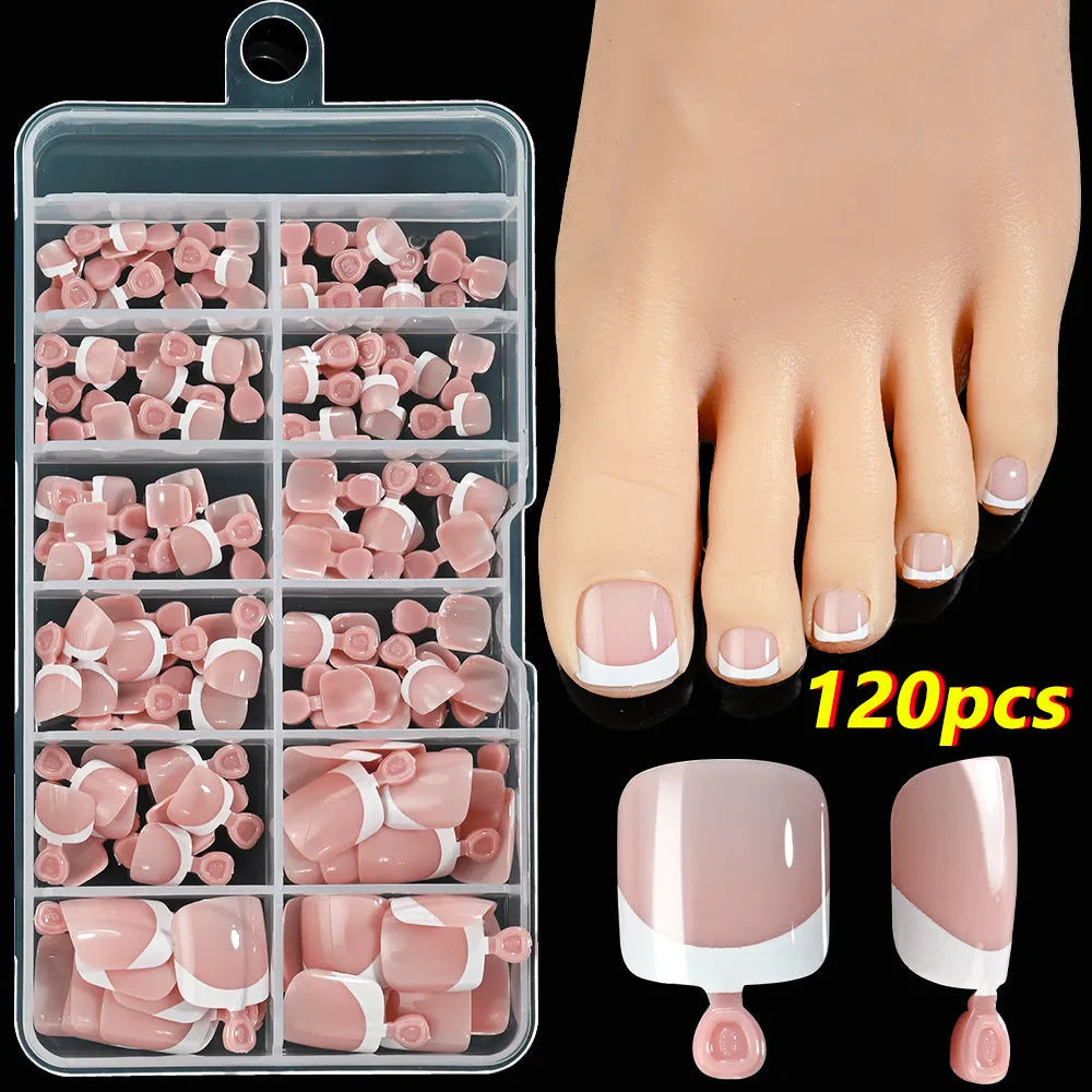 120-piece box of French white tip full square short nude nail appliqués in nine colour shades.