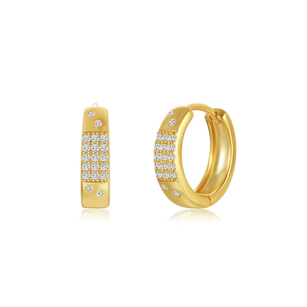 Golden brass diamond earclip earrings with geometric shape and round decorative elements