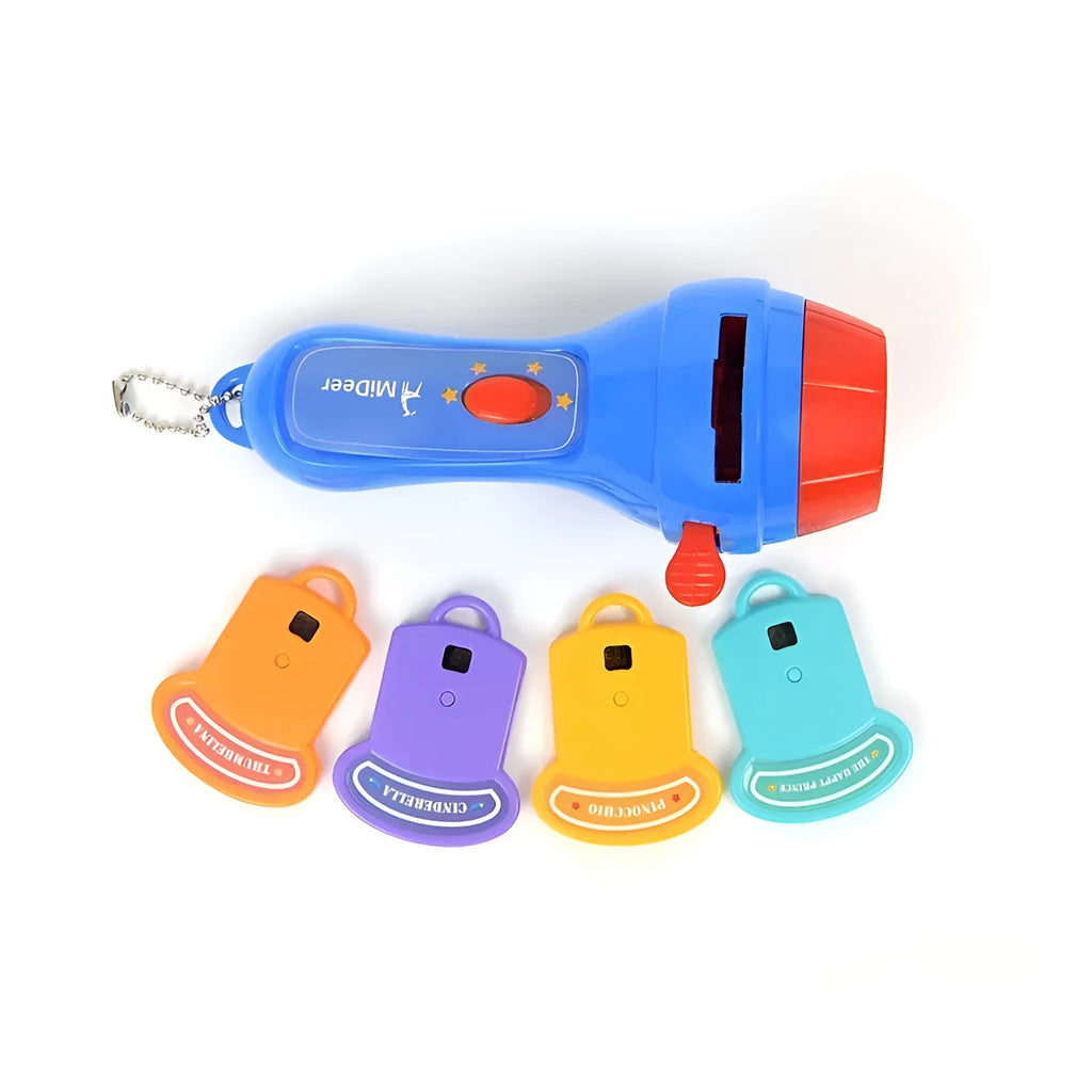 SmartKids handheld story projector torch with clip-on discs projecting fairy tale images on a wall.