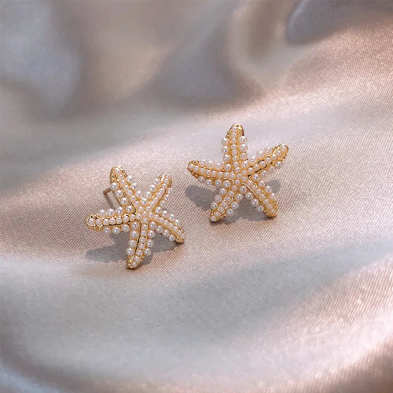 Korean style pineapple and starfish pearl drop earrings in alloy with electroplated finish