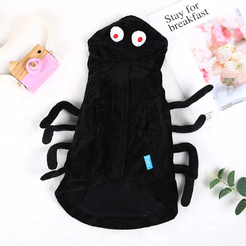Spider pattern Halloween costume for a dog, shown in size small, medium, or large.
