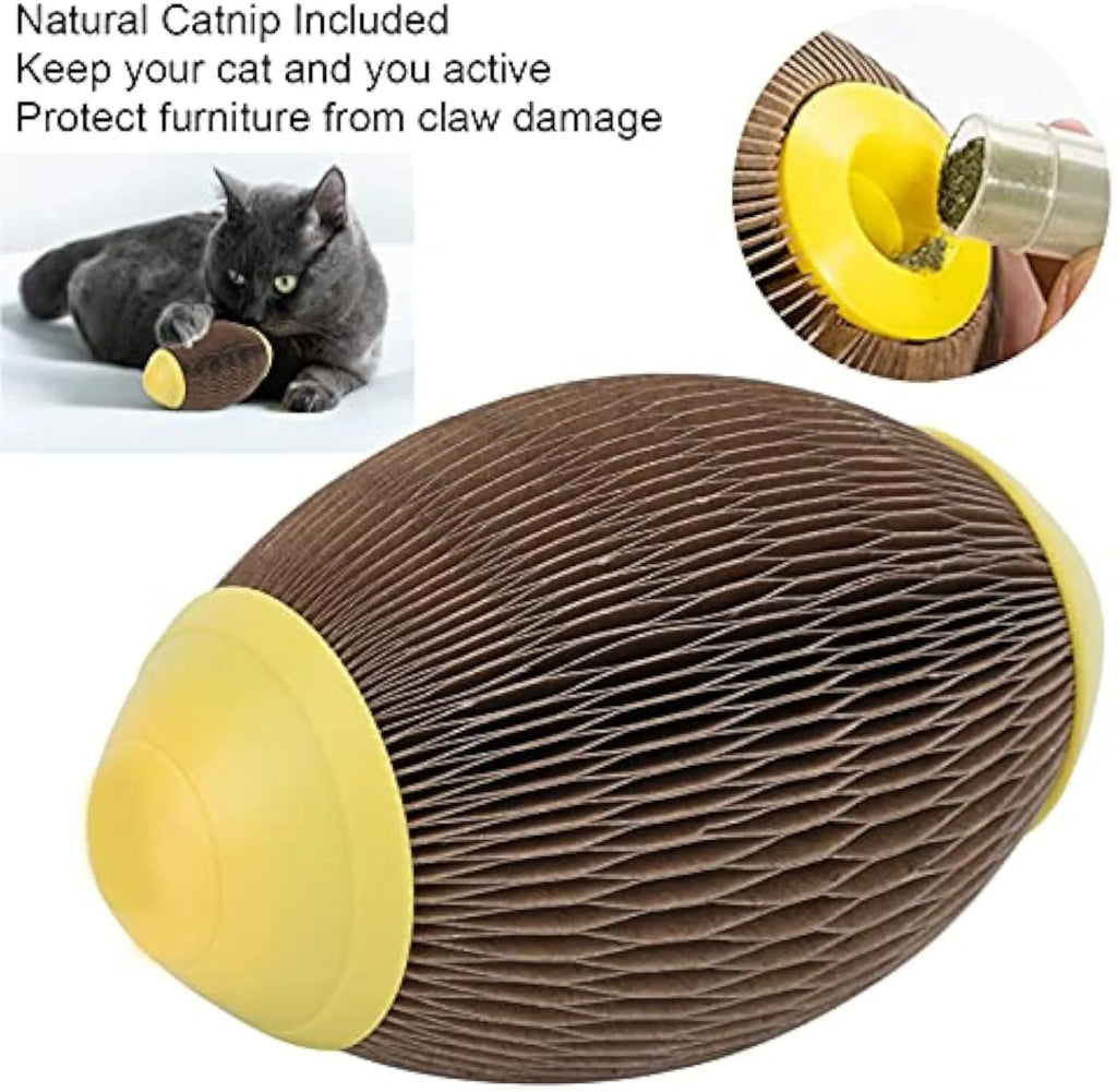Elliptical football‑shaped cat toy made from brown recycled corrugated paper, shown next to a ball of catnip.