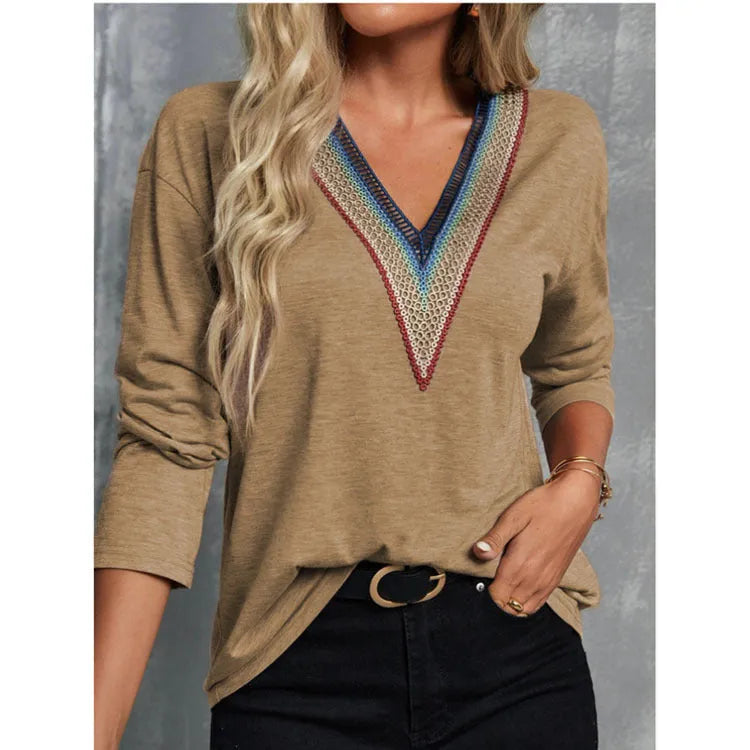 Lace spliced V-neck long sleeve top, mid-length polyester blouse in green, brick red, black or khaki