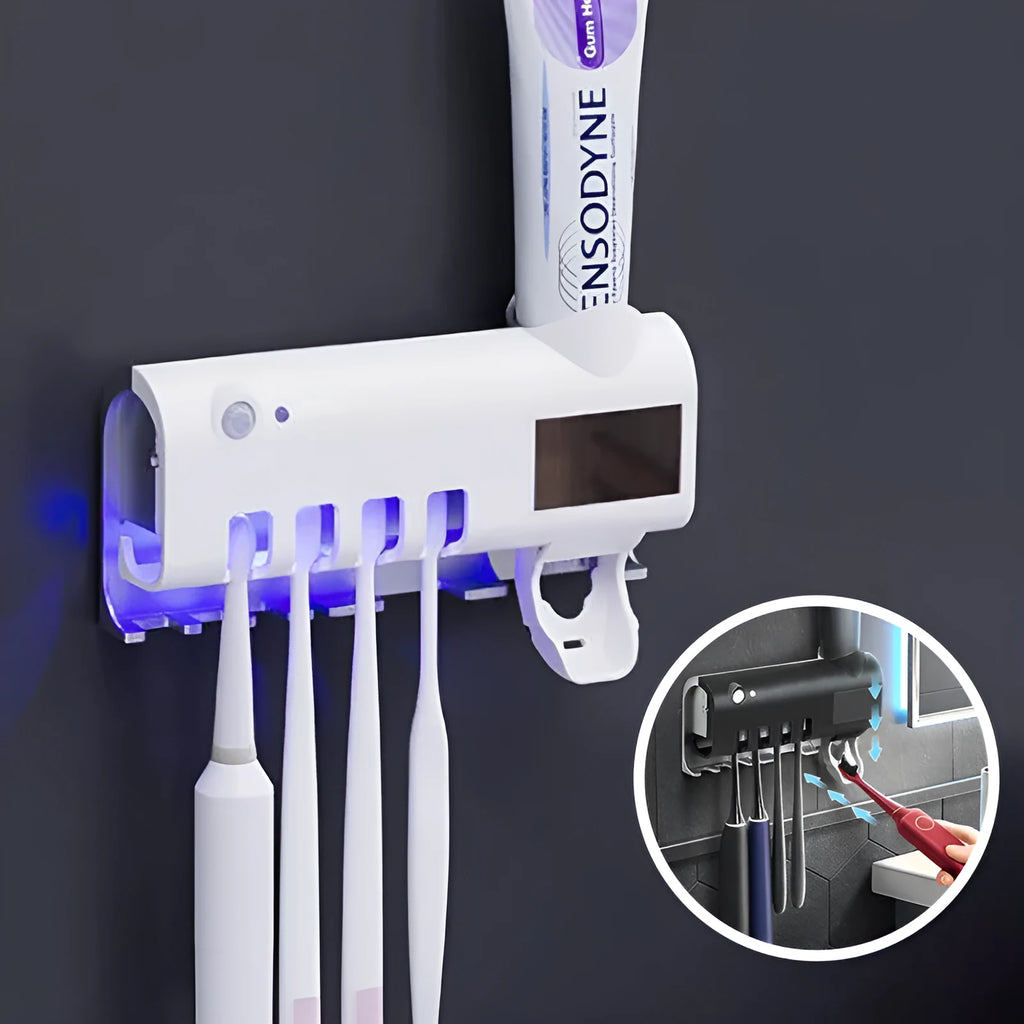 Black wall-mounted toothbrush steriliser with UV light and integrated toothpaste squeezer.