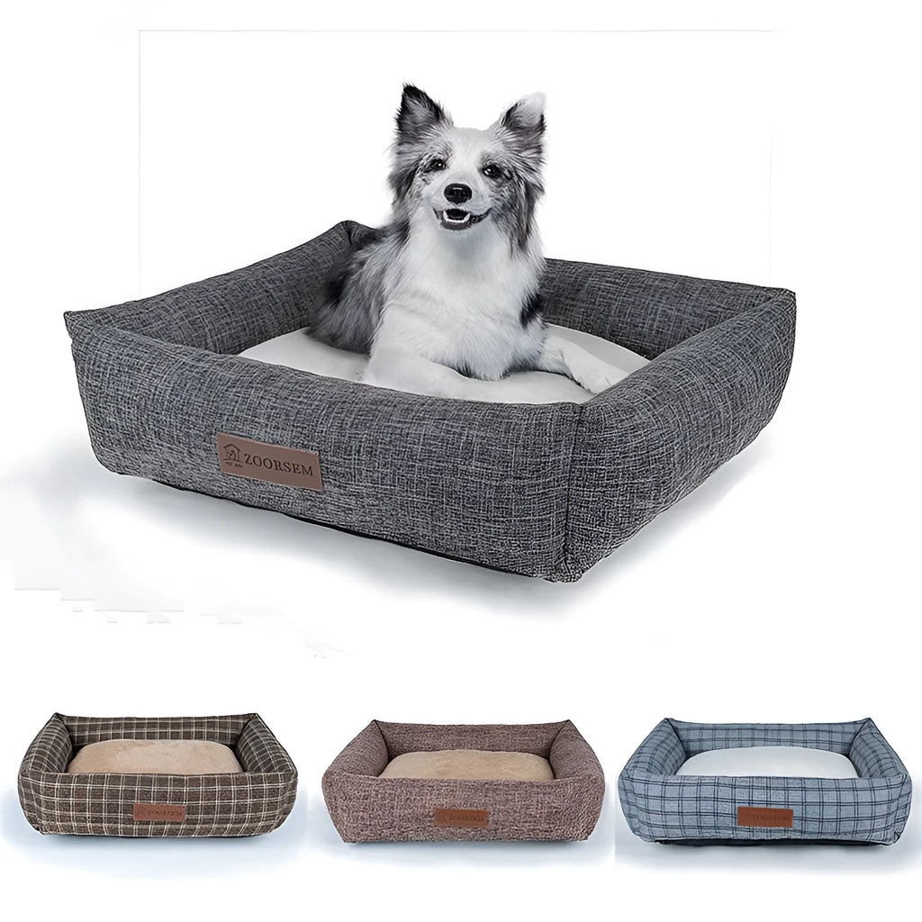 A square grey and brown plaid linen dog bed for winter, shown in an extra large 80x60cm size.