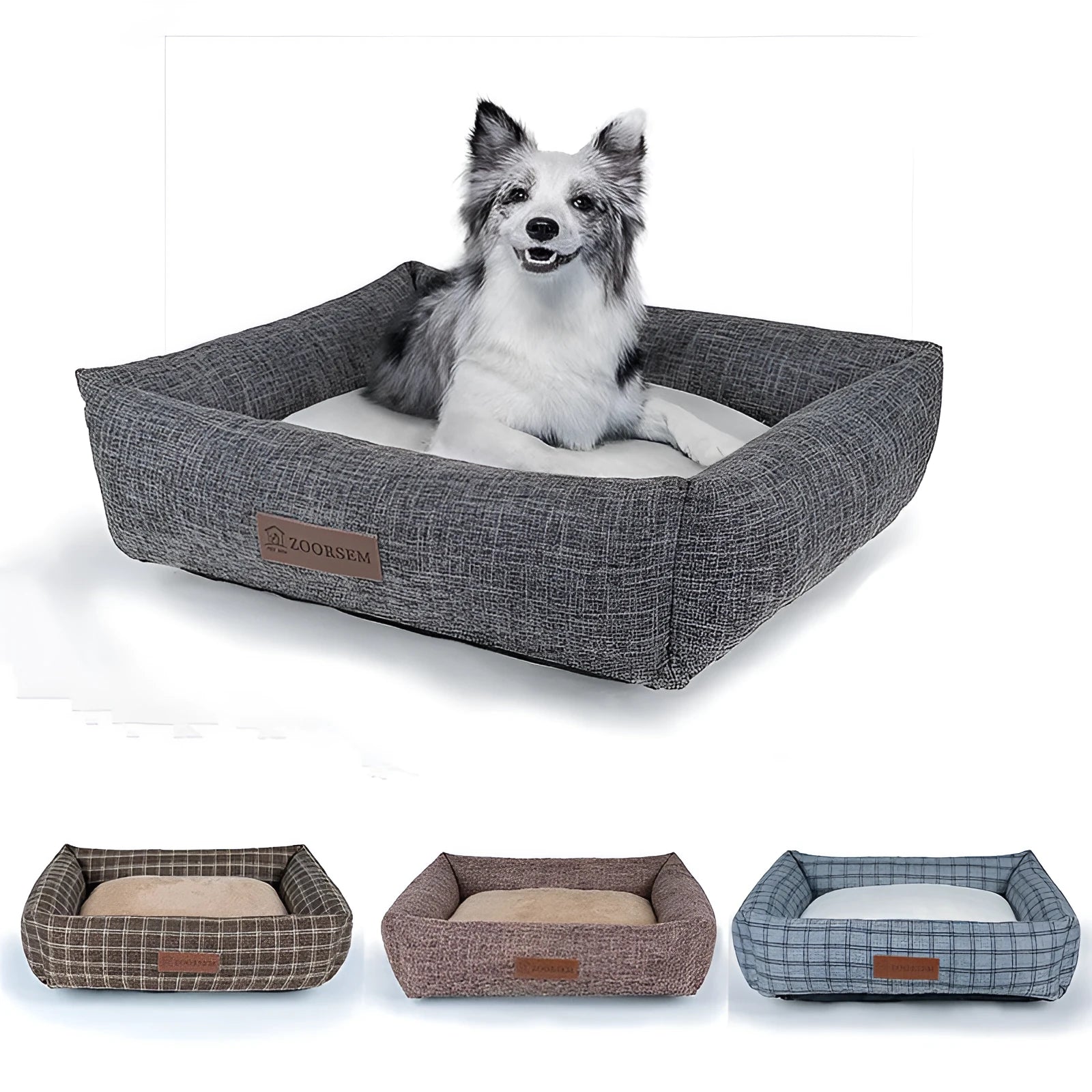 A square grey and brown plaid linen dog bed for winter, shown in an extra large 80x60cm size.