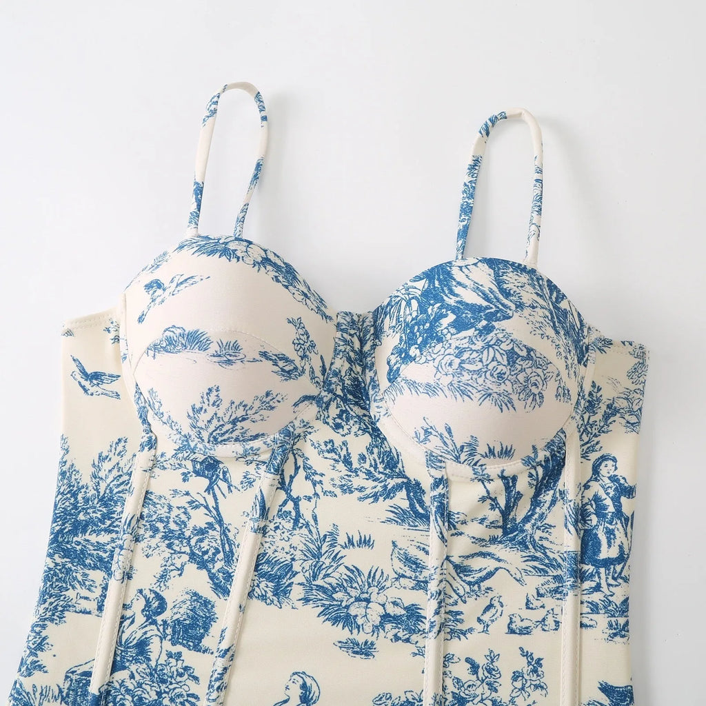 Blue women's one-piece swimsuit with detachable gauze skirt shown in S M L XL sizing options