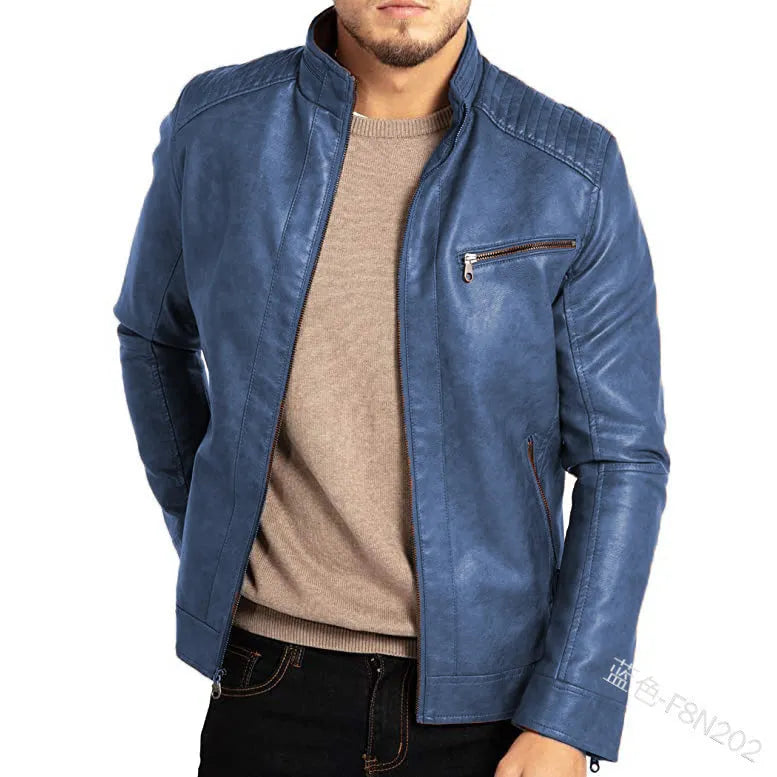 Men's brown punk-style artificial leather motorcycle jacket with a stand collar and patch pocket.