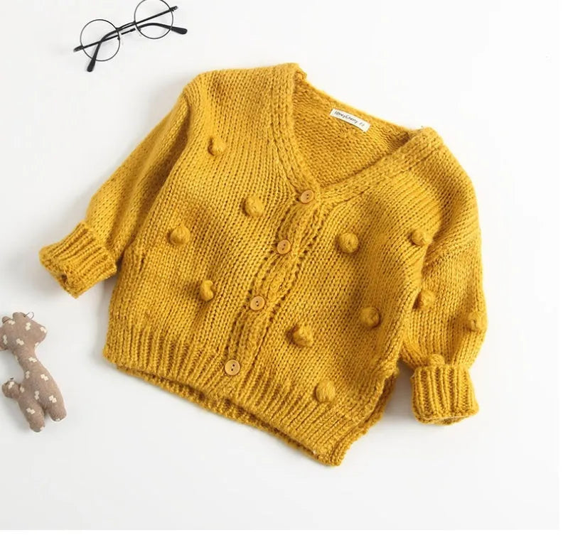 Baby girl soft knit pullover sweater in brown pink and yellow colours for toddlers sized 73cm to 100cm