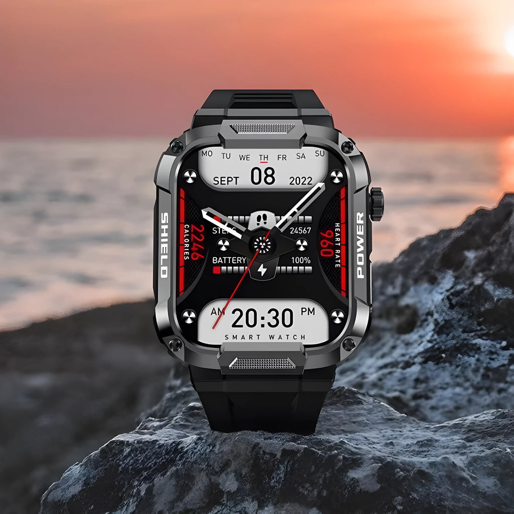 Smart three-proof watch with HD large screen, Bluetooth calling, and health sensors on a wrist