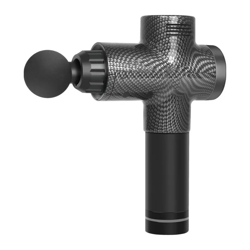 Portable mini massage gun with LED screen showing gear setting, black colour, on white background