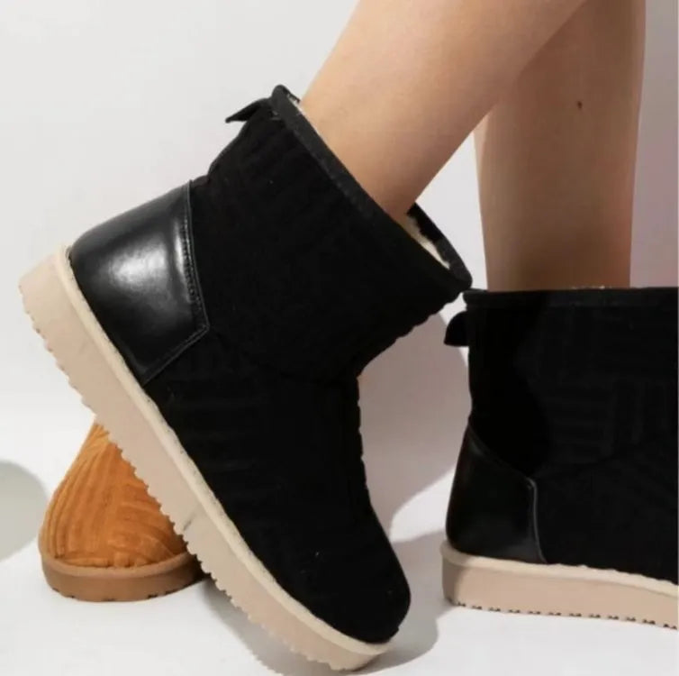 Winter ankle boots with cotton upper, flat plastic sole, round toe, mid-upper height, available in four colours.