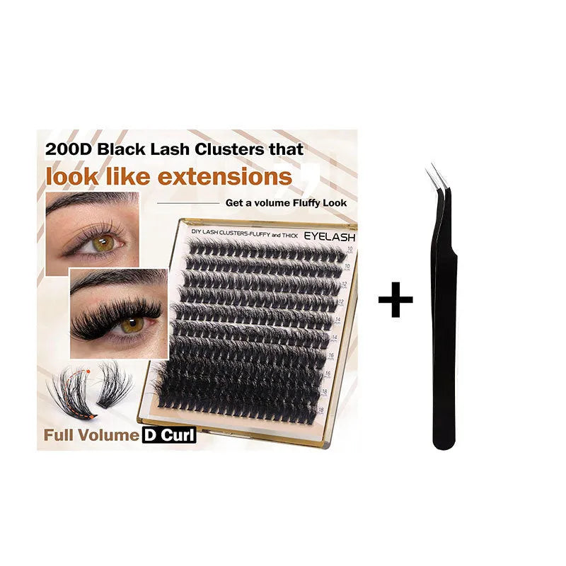 Fluffy faux mink segmented eyelashes 200D density on a white tray with tweezers