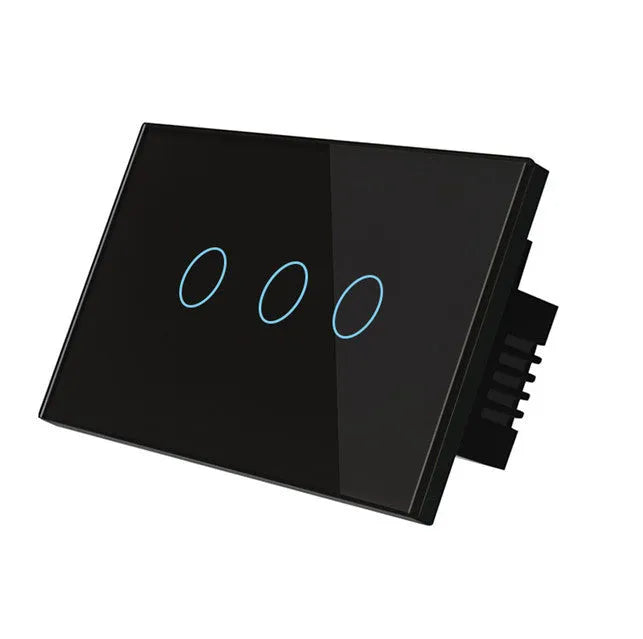 Two-gang remote control light switch with tempered glass touch panel in white, black, or gold colours