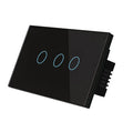 Two-gang remote control light switch with tempered glass touch panel in white, black, or gold colours