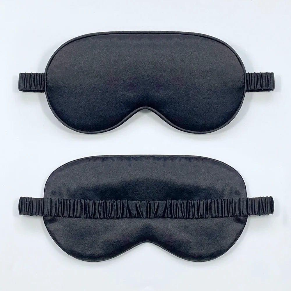 Double-sided rayon elastic satin sleep mask shown in multiple colour options including black, sky blue, and wine red.