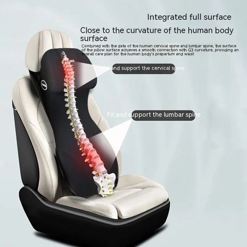 Automotive memory foam waist cushion and headrest support pillow in integrated one-piece design
