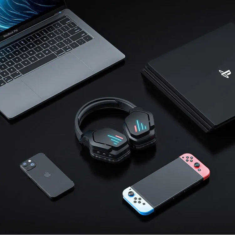 Luminous black wireless headphones with head-mounted design showing ear cups and adjustable headband