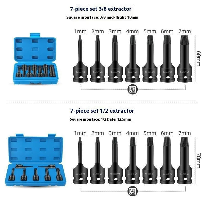 Set of seven alloy broken stud spanners for electric wrench with 60mm and 78mm sizes