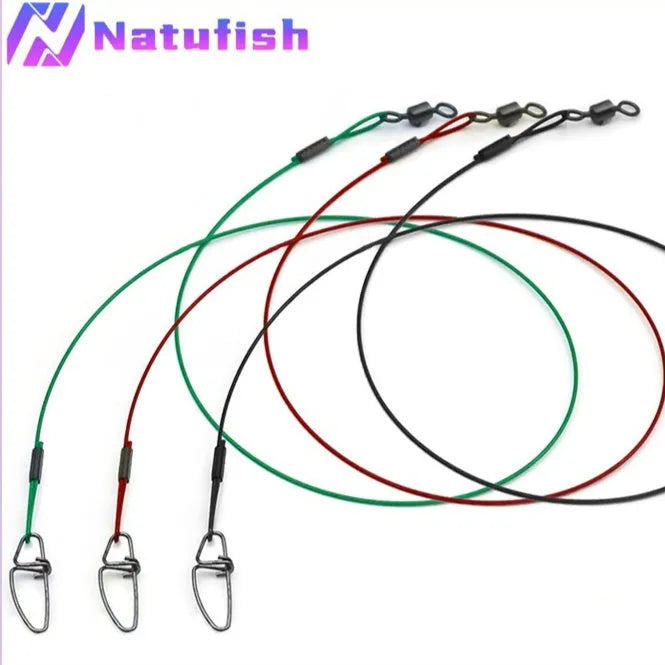 Ten 54cm long steel wire double buckle fishing pins in green, black, and red colours.