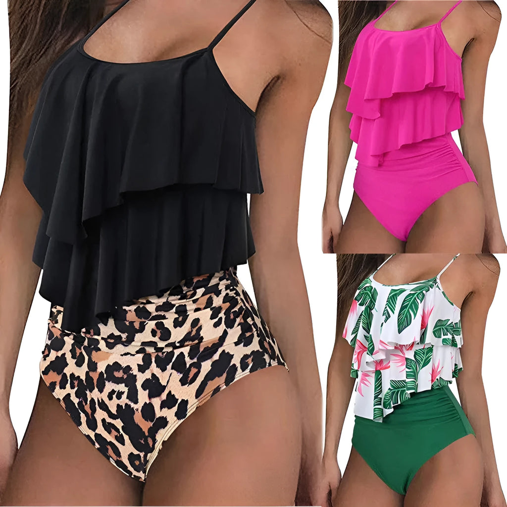 Ruffled bikini swimsuit in rose red with polyester fabric, size S to XL available