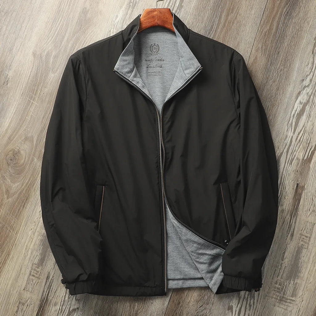 Men's stand collar casual jacket in Army Green colour on a hanger.