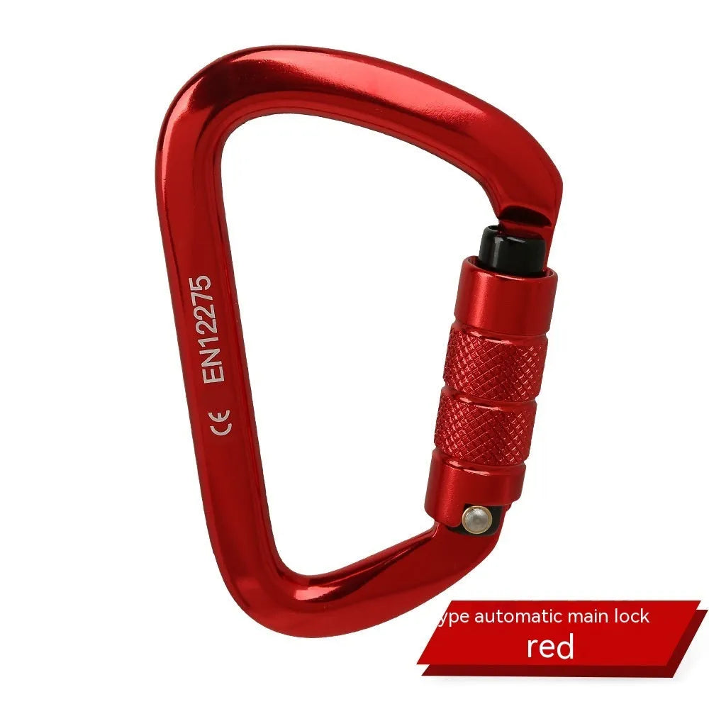 Steel D-shaped climbing carabiner showing automatic and screw-gate types in assorted colours.