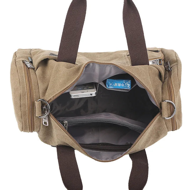 Canvas men shoulder bag, horizontal square shape, zipper closure, khaki colour, with single strap