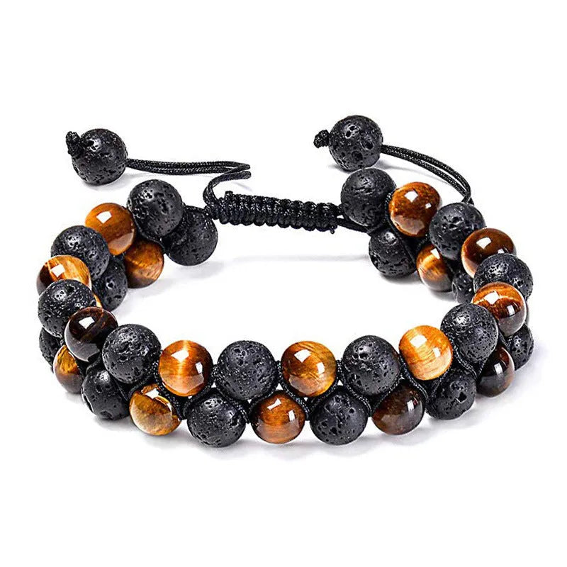 Matte black agate couple bracelets with geometric beads in individually packaged presentation