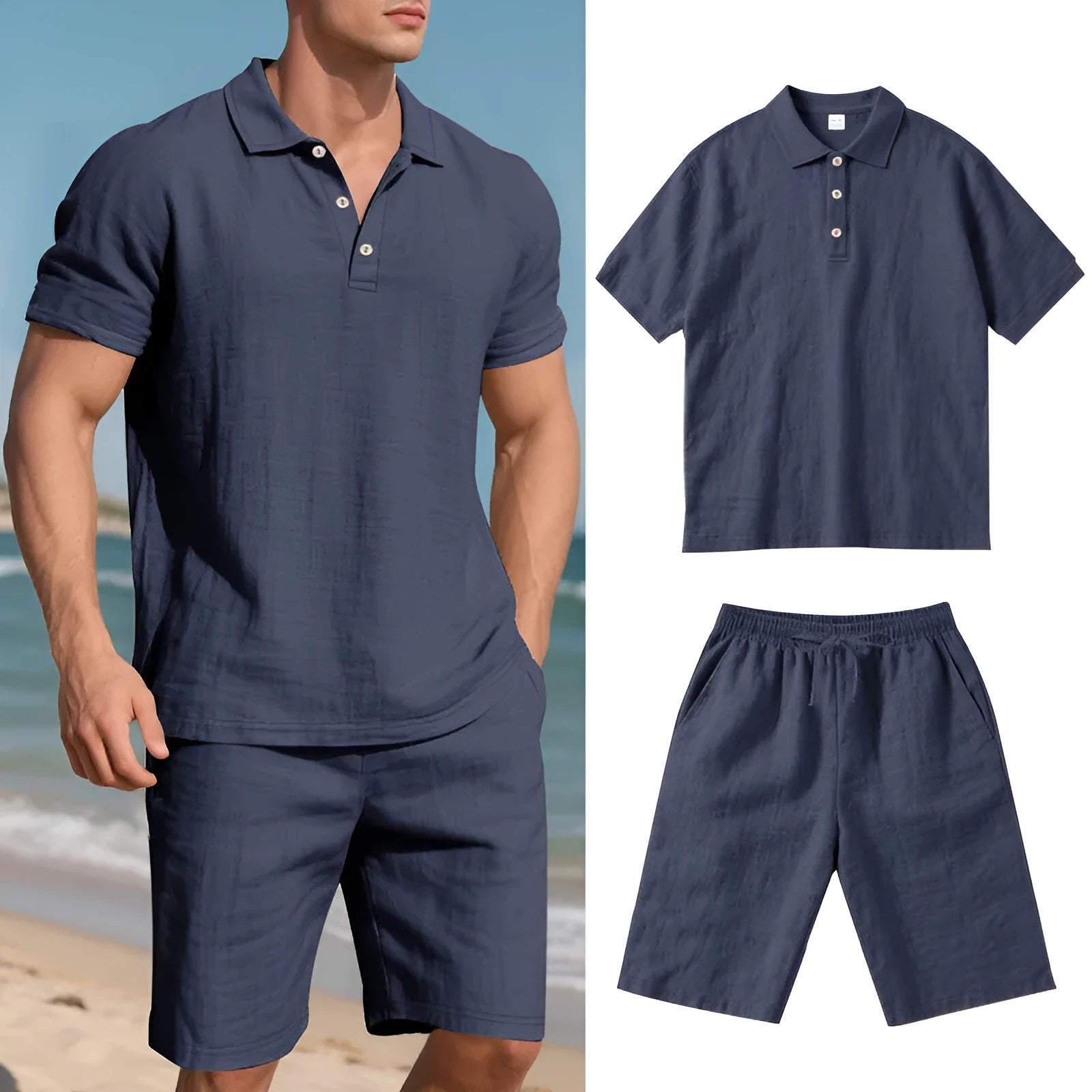 Men's linen beach shorts suit set showing short sleeve shirt and matching shorts in light blue colour