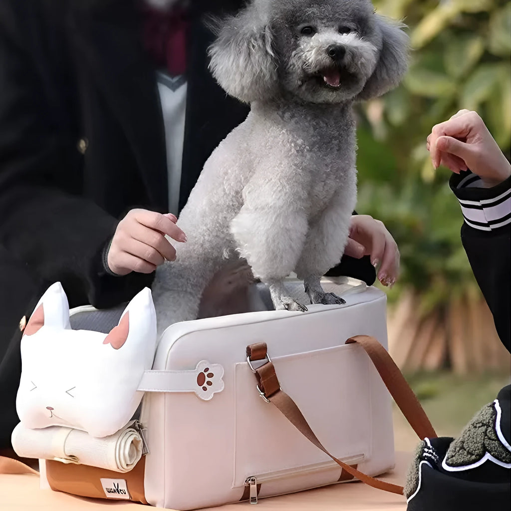 Beige hard-shell portable cat carrier with EPE padding for car and outdoor travel
