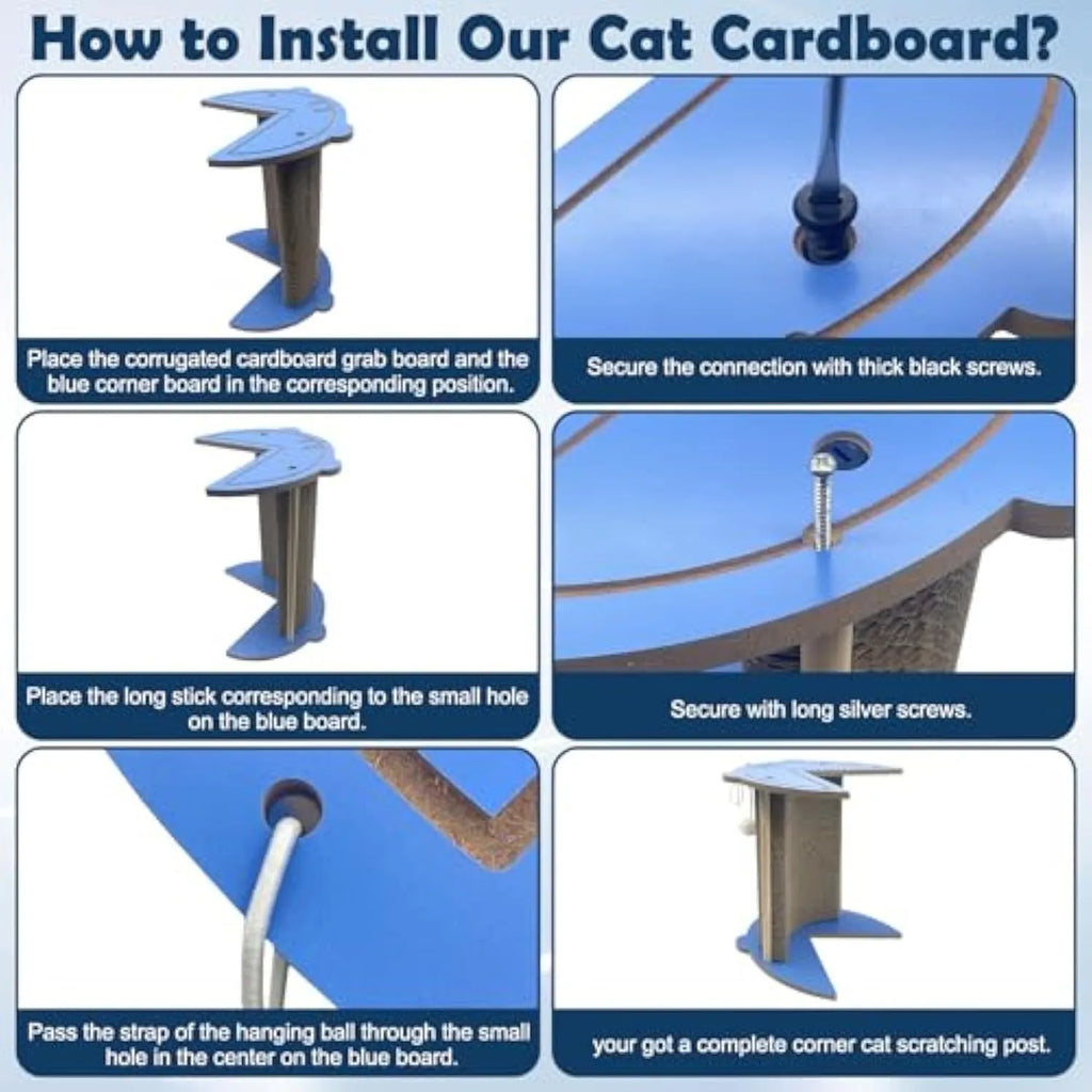 Cat corner scratching pad with hanging ball in room corner for furniture protection