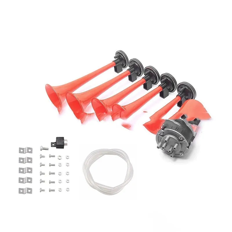 12V 5-tube music electric air horn for vehicles, available in red white and black, with solenoid valve
