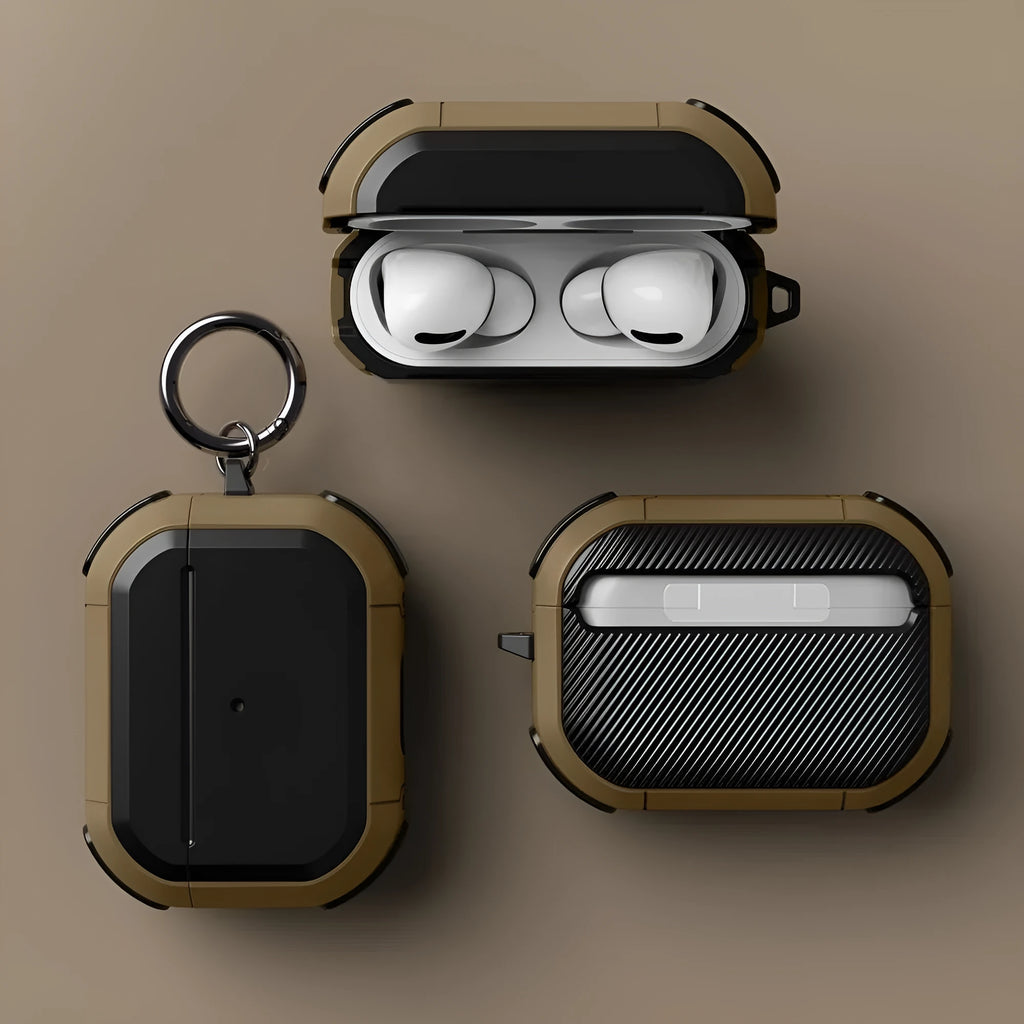 Black TPU and PC plastic protective shell snapped onto a white Apple AirPods Pro charging case.