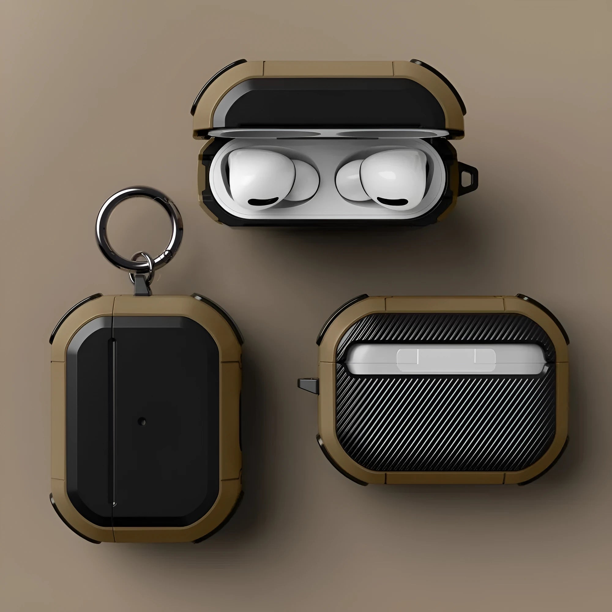 Black TPU and PC plastic protective shell snapped onto a white Apple AirPods Pro charging case.