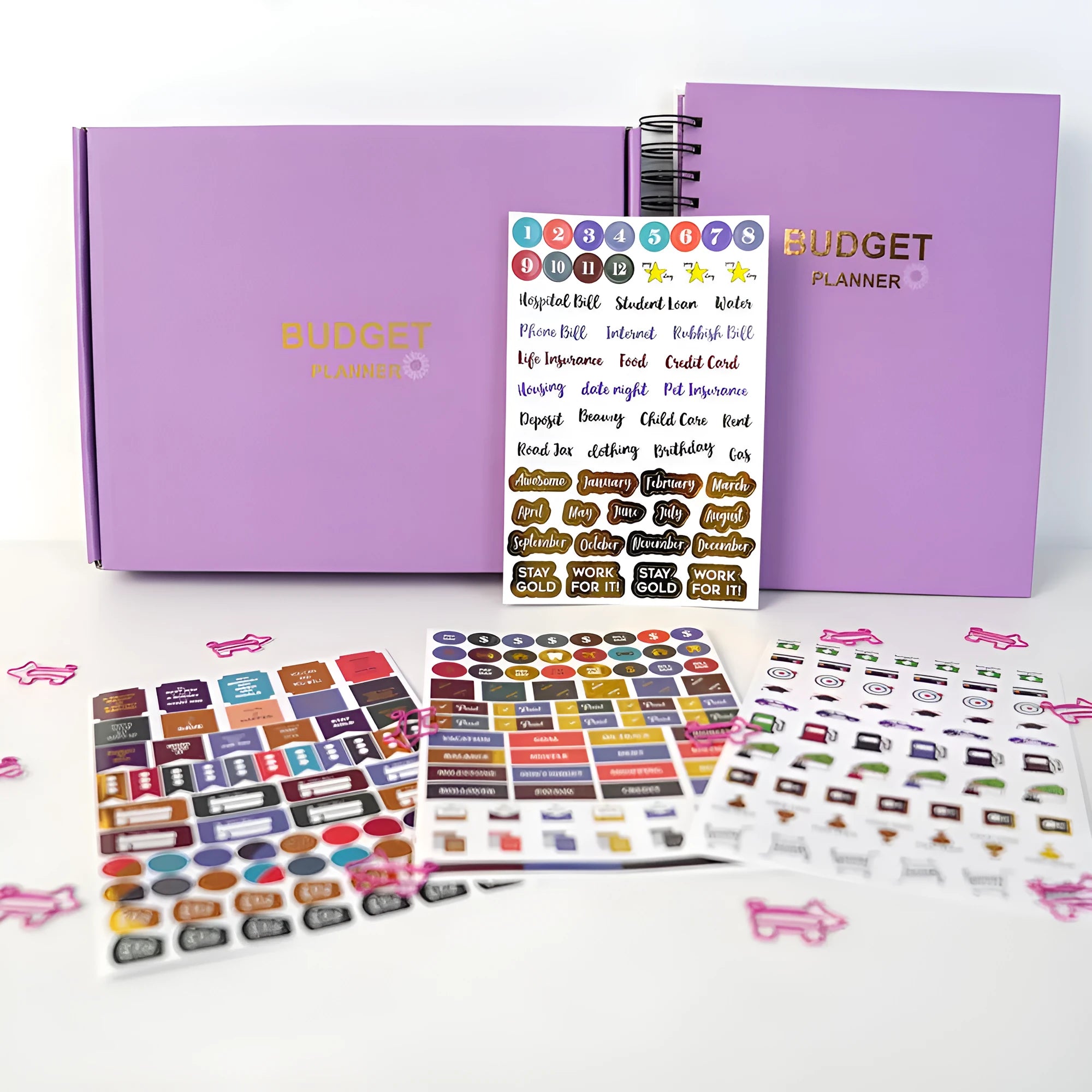 Purple coil-bound financial planning notebook with pen, stickers and paper clips for monthly budgeting