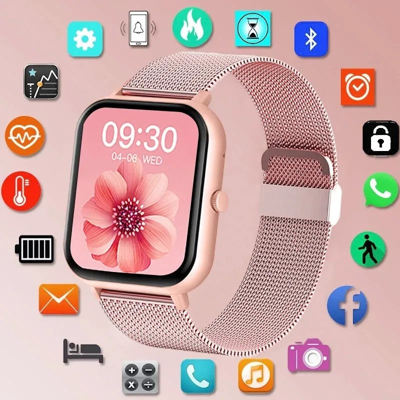 Smart watch with AMOLED screen showing health monitoring functions including heart rate and blood oxygen