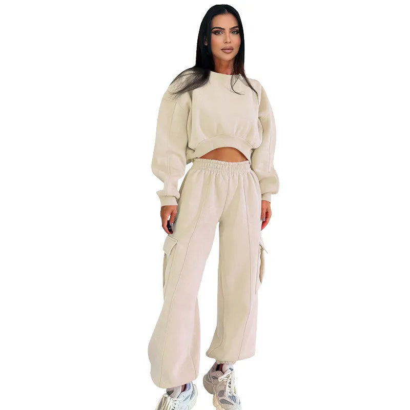 Women's two-piece sweatshirt and sweatpants set with pockets, high waist, loose fit, available in five colours