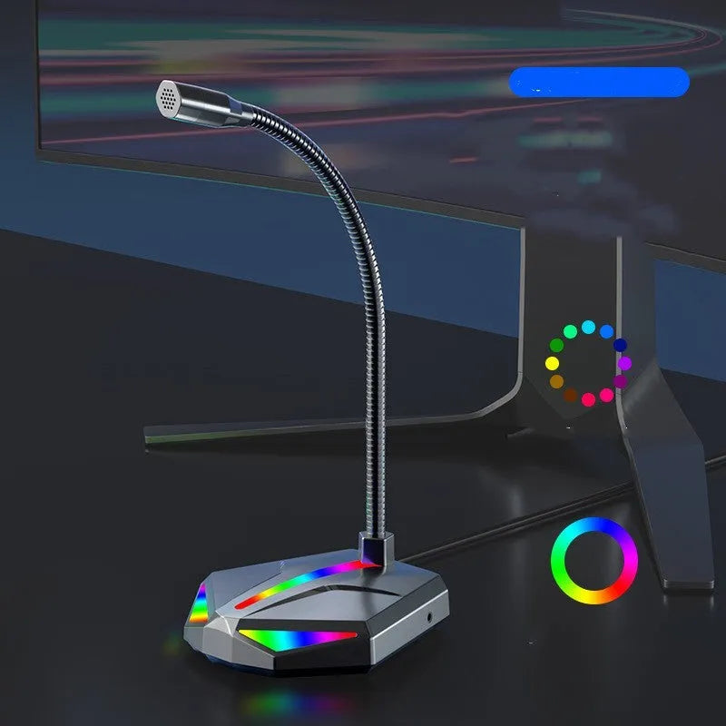 USB gaming microphone with moving coil and stand on a desk for computer voice chat