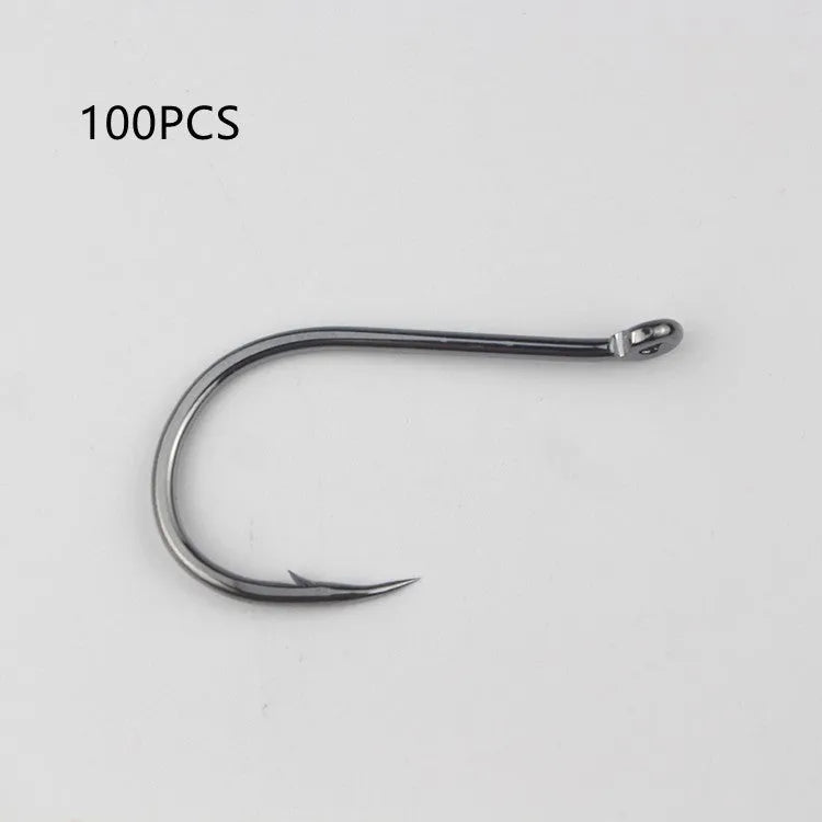 Barbed sea fishing hooks with ring eye and crooked point in a bulk pack for rock and saltwater fishing.