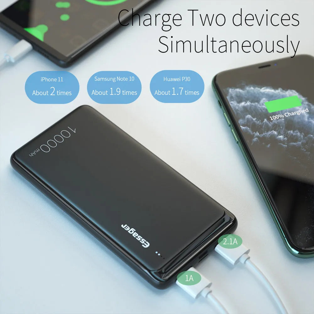 Essager Small Jane black and white 10000mAh portable power bank showing size and dual USB ports