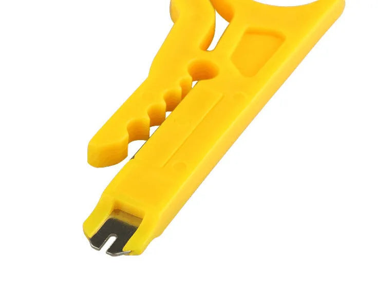 Yellow mini portable wire stripper tool with 0.6mm stripping head on a white background.