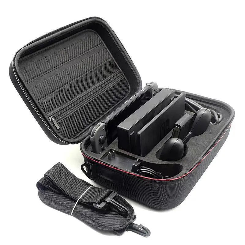 Black EVA game console accessory storage bag showing size dimensions and interior space for organising gaming controllers and cables