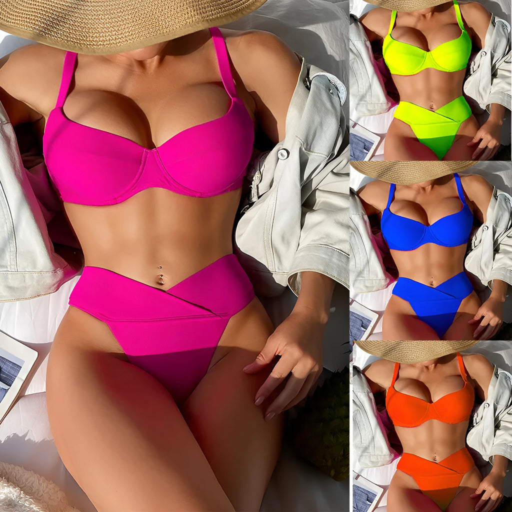Solid colour nylon split bikini swimsuit in fluorescent green, shown as a bra and panties set.