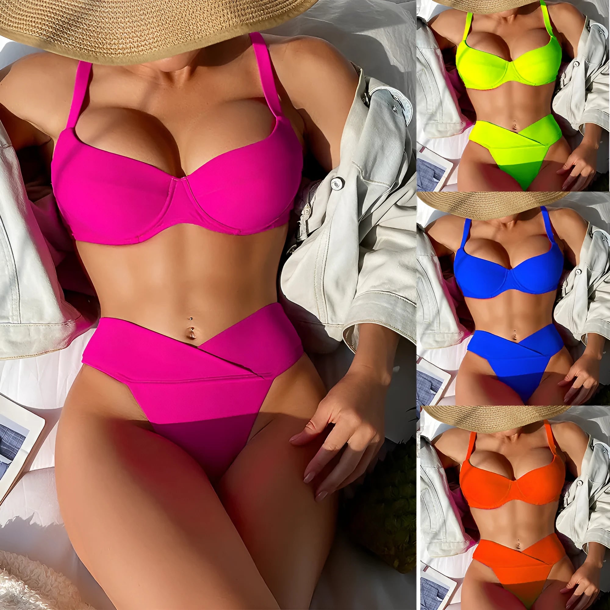 Solid colour nylon split bikini swimsuit in fluorescent green, shown as a bra and panties set.
