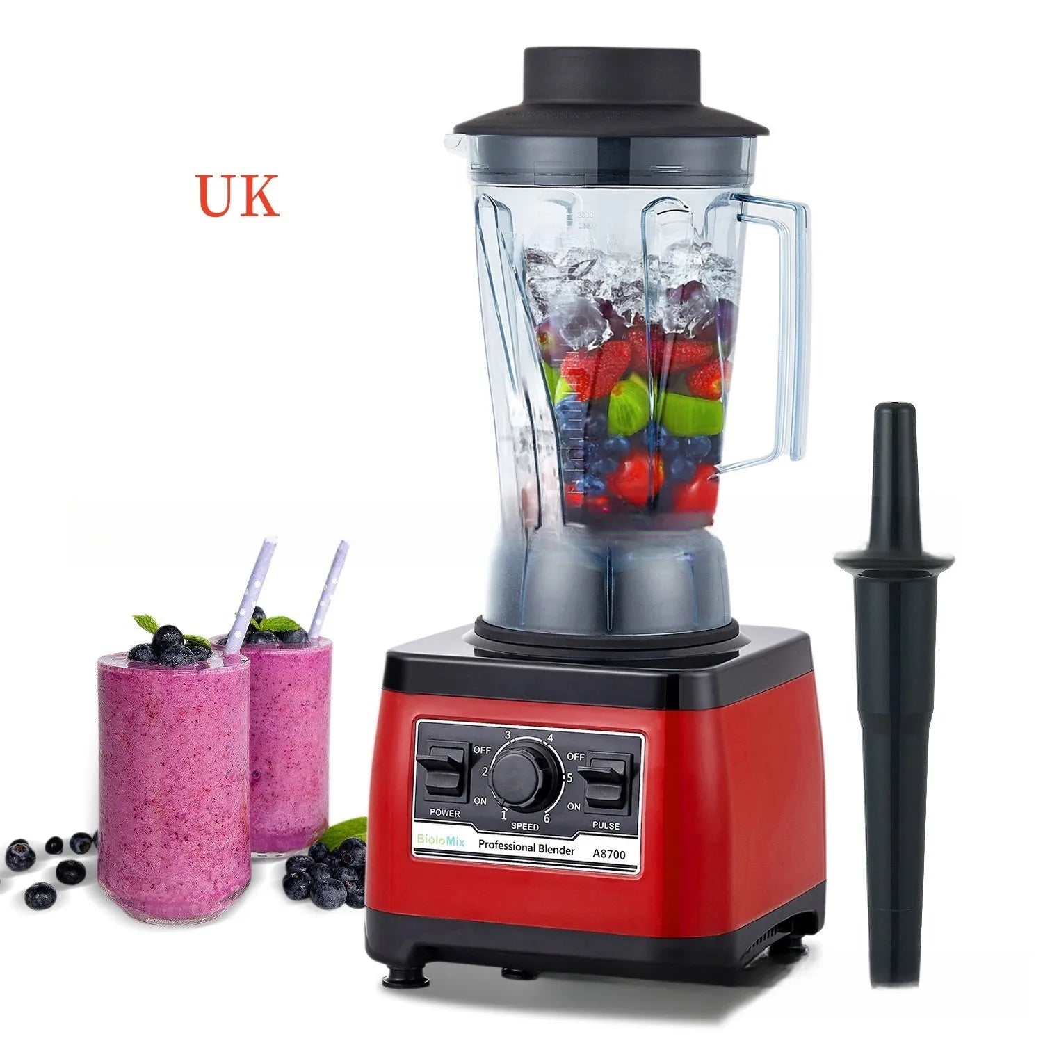 Red commercial blender with 2200W motor and 2L capacity container, industrial style construction