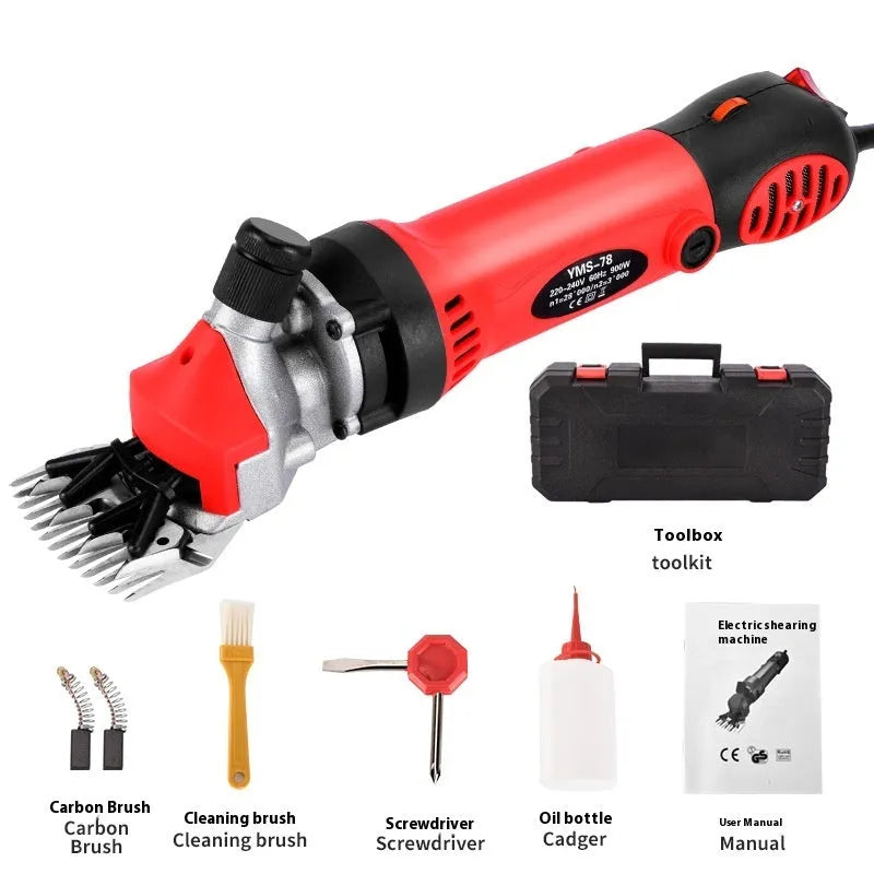 Yellow handled electric wool clipper with blades and maintenance tools in a plastic case