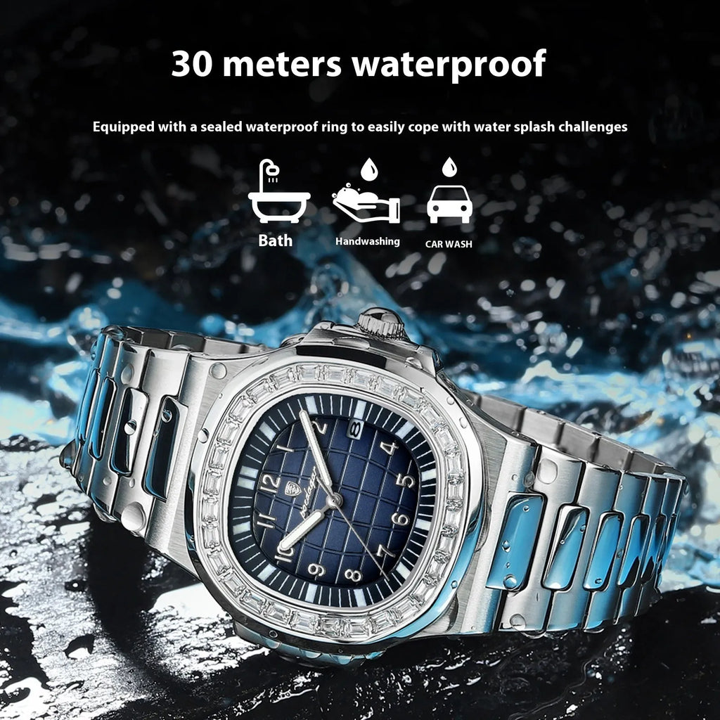 Men's quartz watch with 41.5mm dial, stainless steel strap, alloy case, and luminous waterproof design