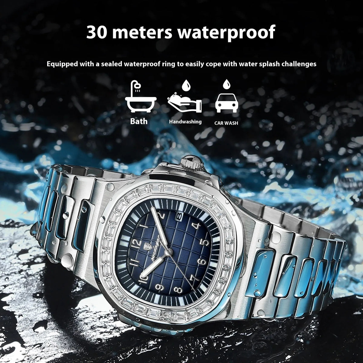 Men's quartz watch with 41.5mm dial, stainless steel strap, alloy case, and luminous waterproof design
